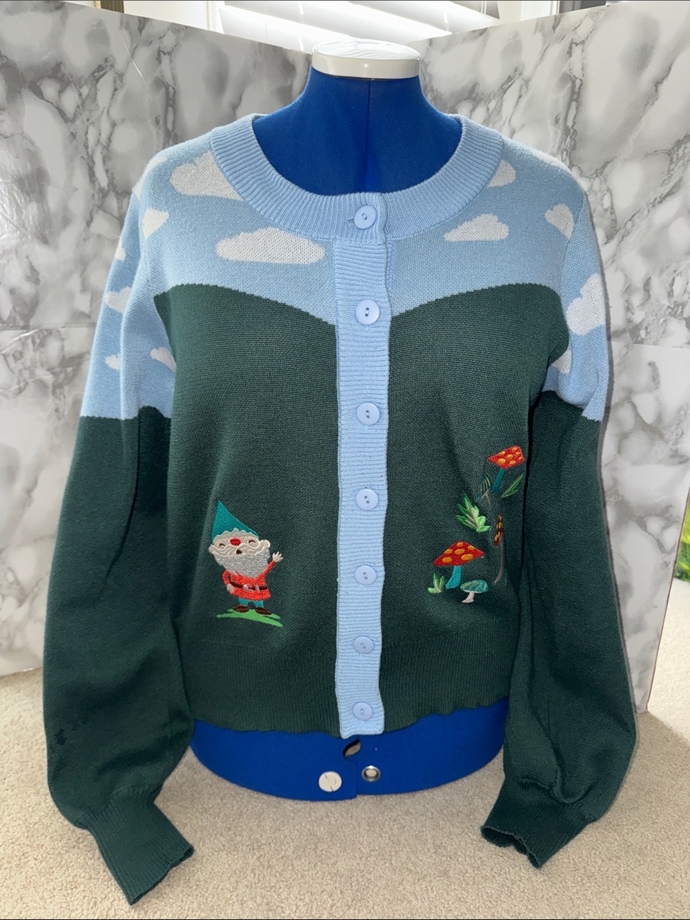 Unique Vintage Gnome & Mushroom Landscape Cardigan Sweater GNOME IN THE SKY